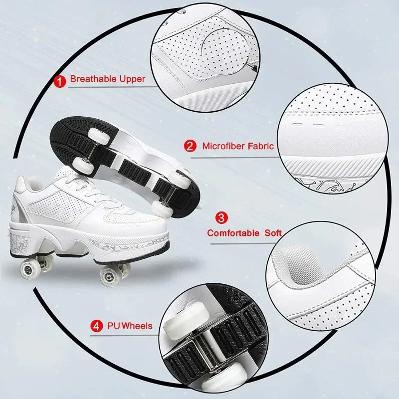 White sneaker-style roller shoes with breathable upper, microfiber fabric, soft fit, PU wheels