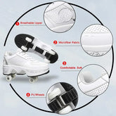White sneaker-style roller shoes with breathable upper, microfiber fabric, soft fit, PU wheels