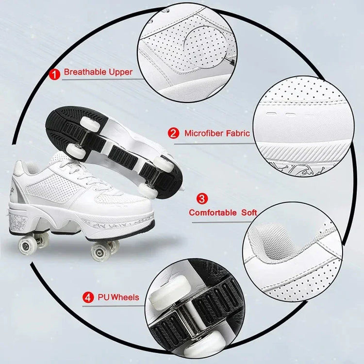 White sneaker-style roller shoes with breathable upper, microfiber fabric, soft fit, PU wheels