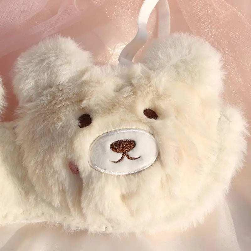 Plush bear face mask in soft beige faux fur with embroidered details and adjustable fit