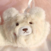 Plush bear face mask in soft beige faux fur with embroidered details and adjustable fit