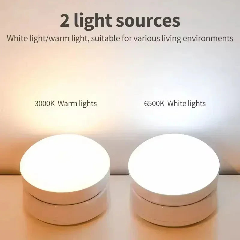 Two modern round lights showing 3000K warm light and 6500K white light settings.