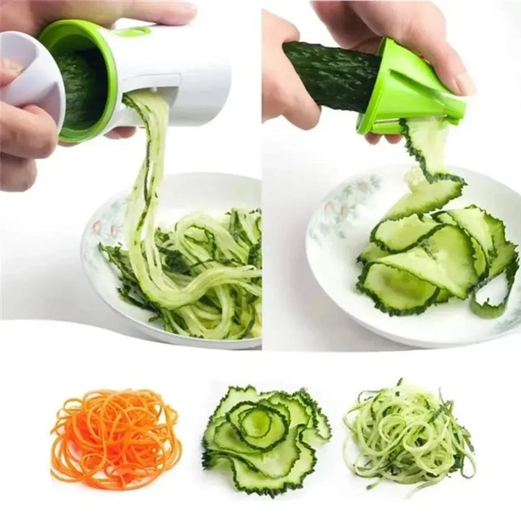 Vegetable spiralizer creating spiral cucumber and carrot noodles, spiral cut and slices in bowls.