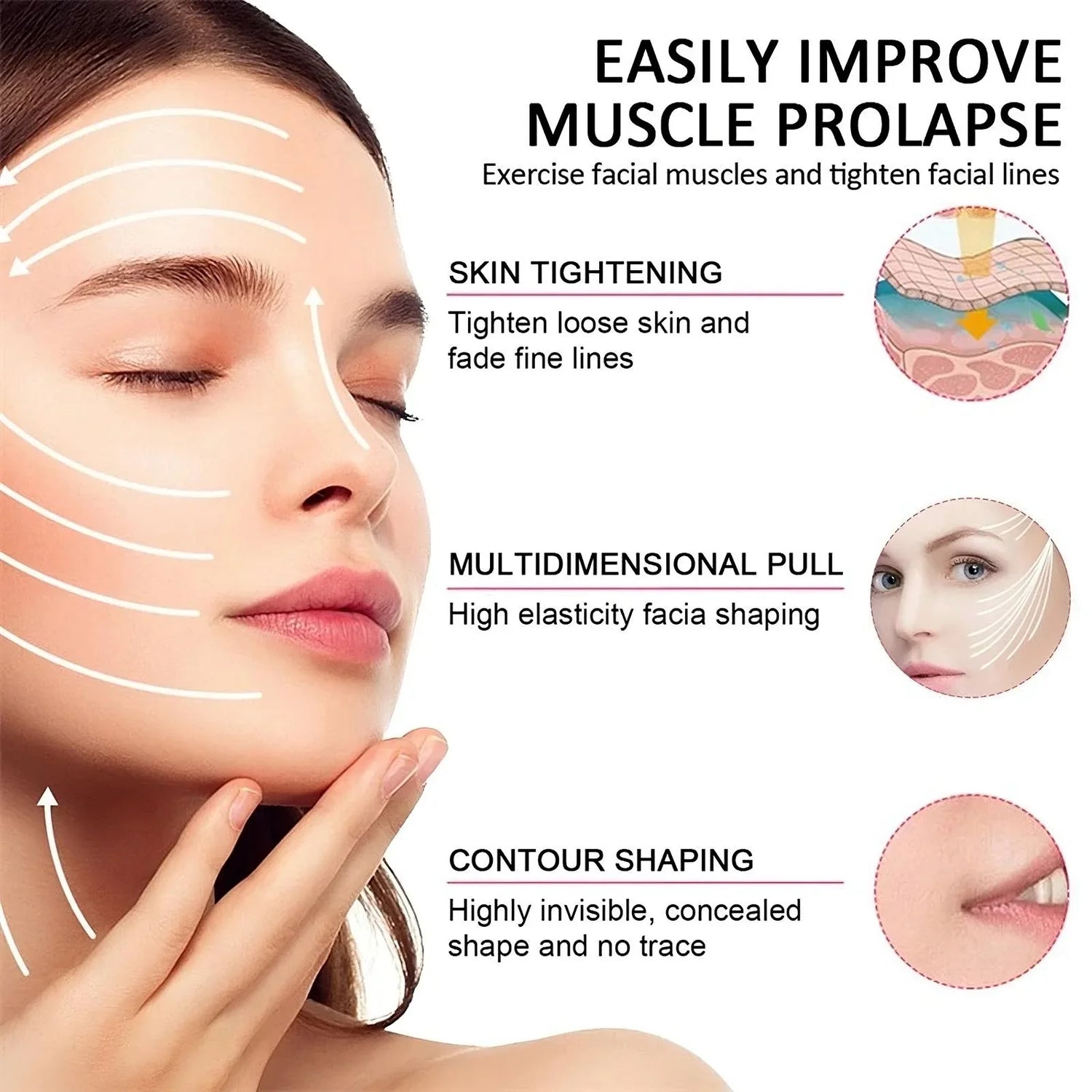 Woman demonstrating facial skin tightening and contour shaping effects with graphic lines on face.
