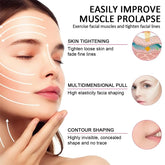 Woman demonstrating facial skin tightening and contour shaping effects with graphic lines on face.