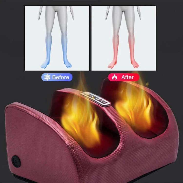 Heated foot massager in red fabric, ergonomic fit, with before and after warming effect illustration.
