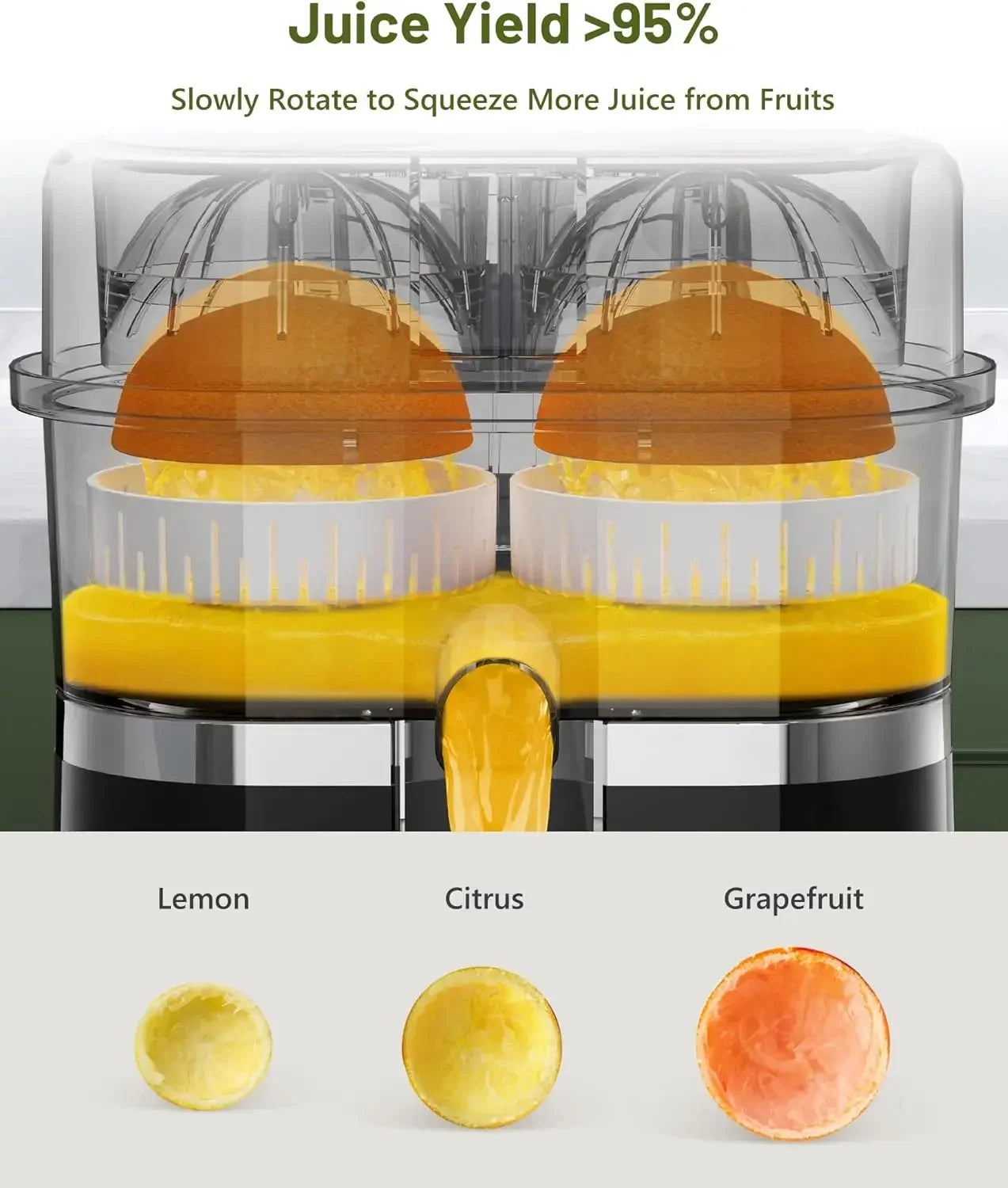 Electric citrus juicer squeezing oranges with high juice yield, suitable for lemon, citrus, grapefruit.