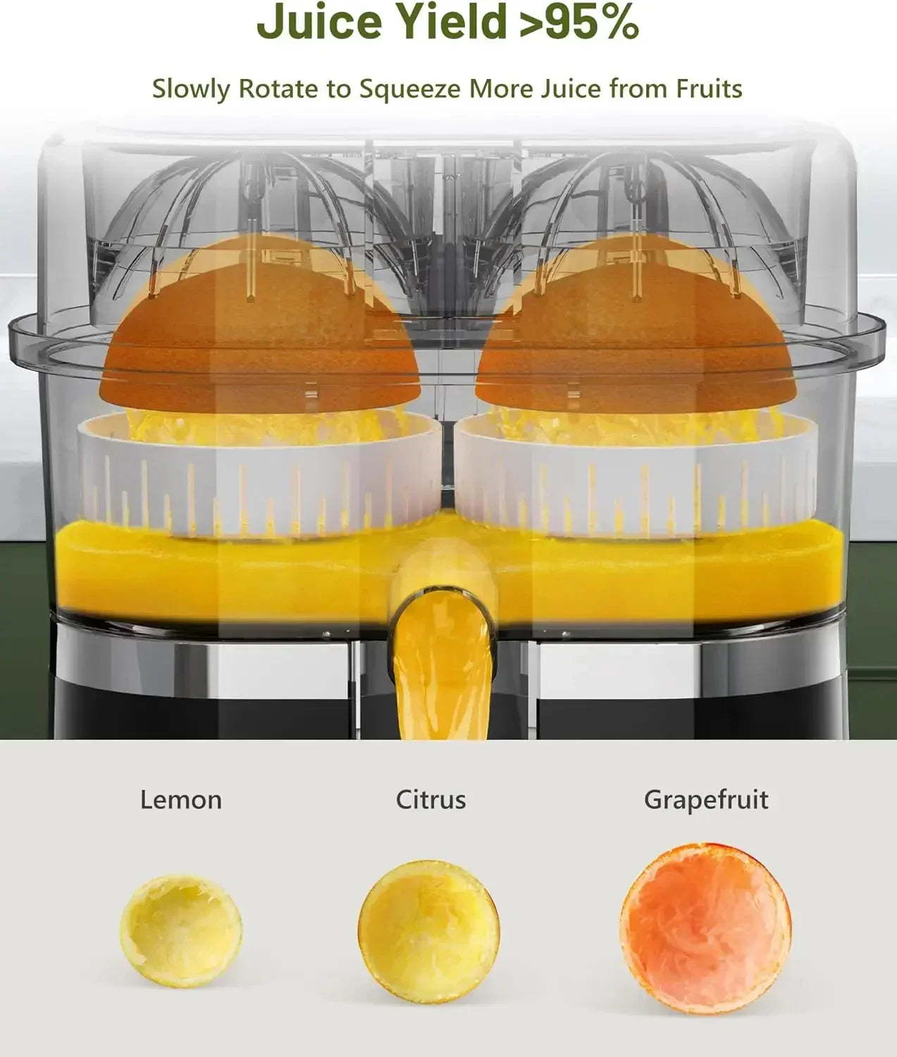 Electric citrus juicer squeezing oranges with high juice yield, suitable for lemon, citrus, grapefruit.