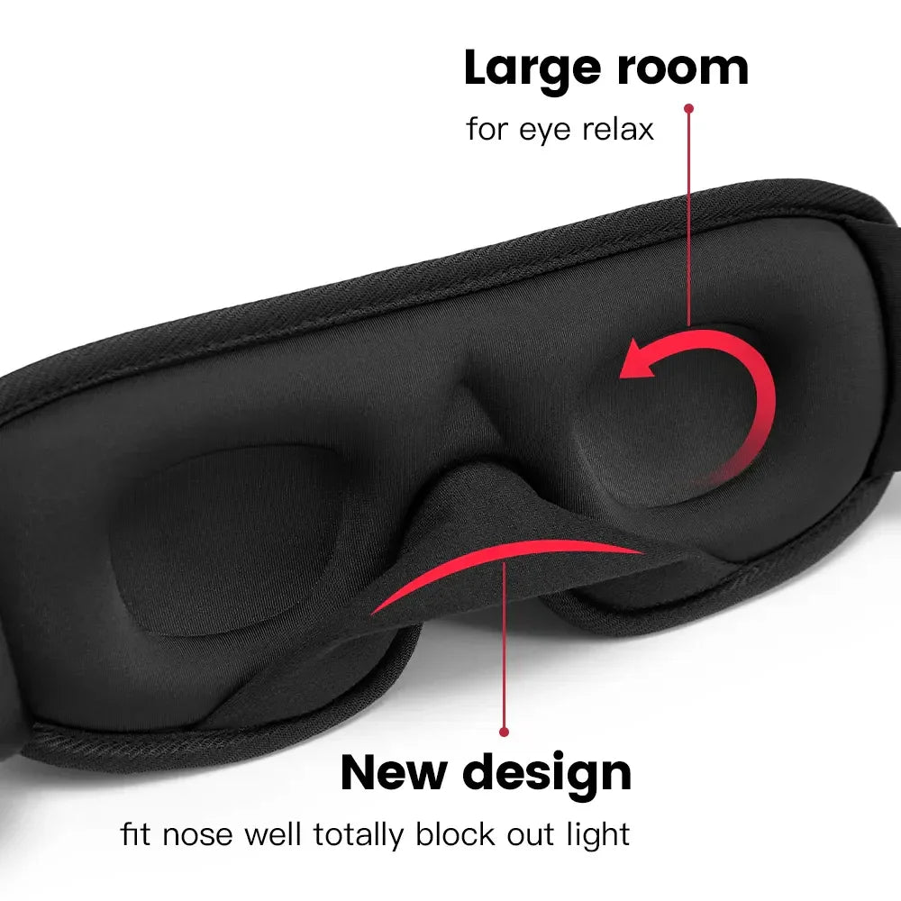 Black contoured sleep mask with ergonomic memory foam, large eye space, and nose fit design