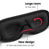 Black contoured sleep mask with ergonomic memory foam, large eye space, and nose fit design