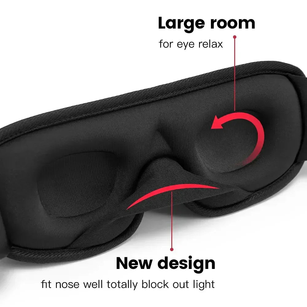 Black contoured sleep mask with ergonomic memory foam, large eye space, and nose fit design