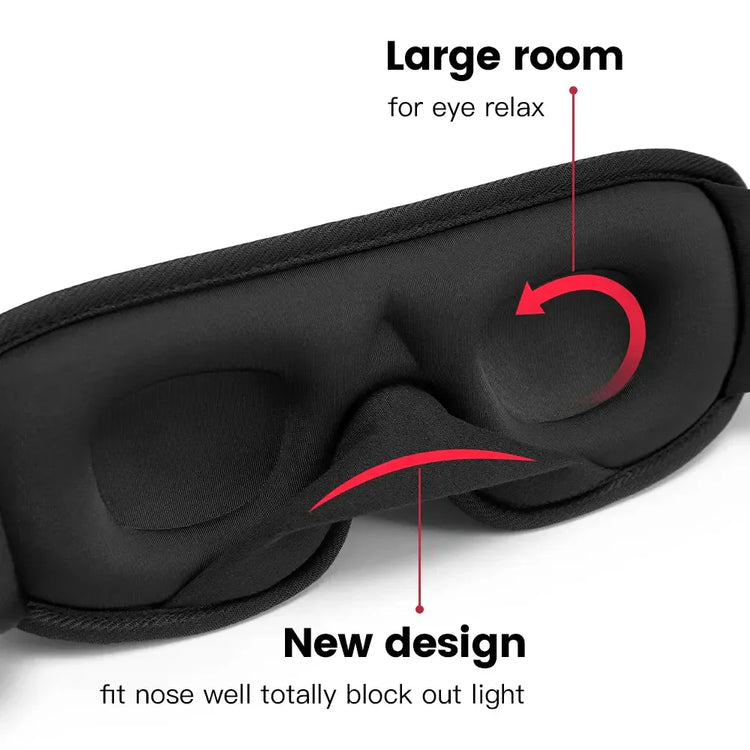 Black contoured sleep mask with ergonomic memory foam, large eye space, and nose fit design