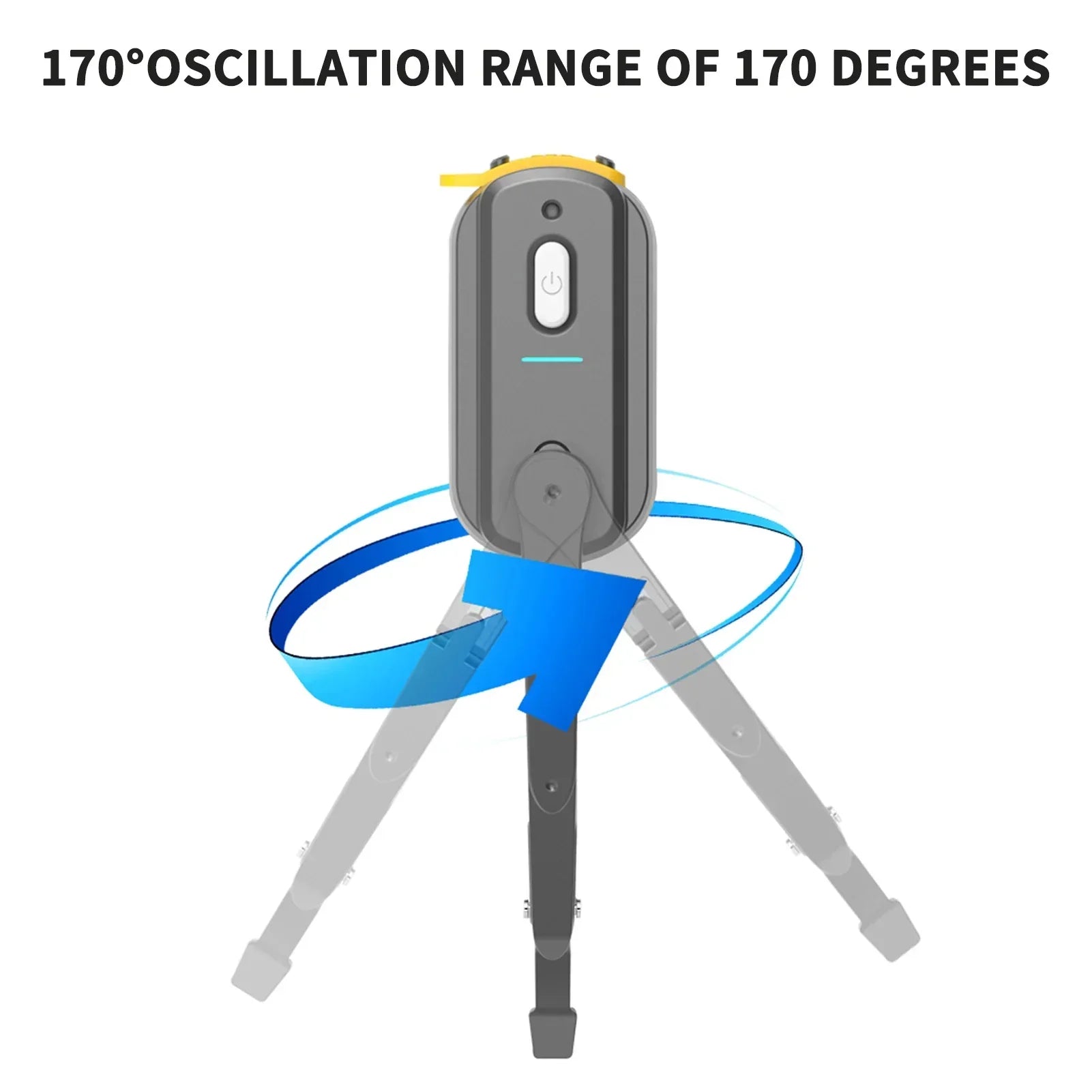 Gray tripod device with power button showing 170-degree oscillation range, tech accessory