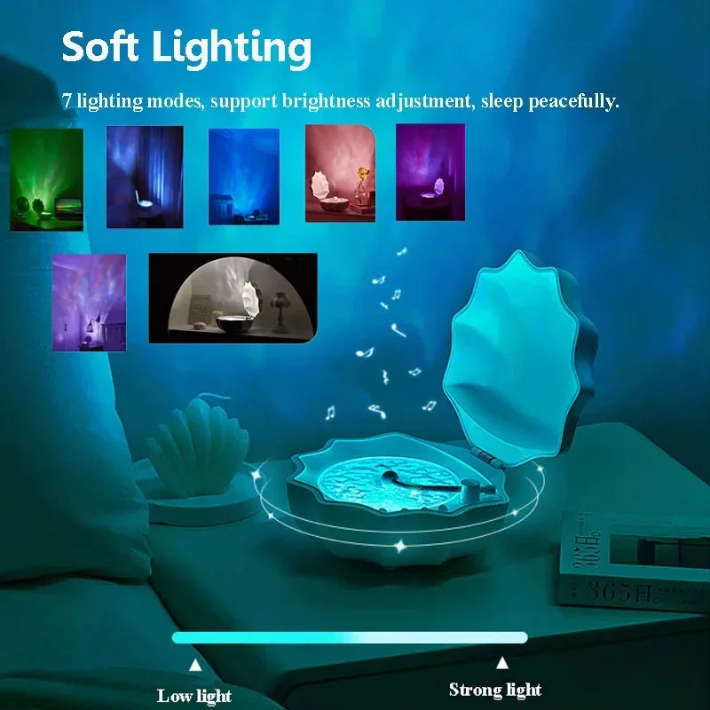 Futuristic clam-shaped night light on bedside table, adjustable soft blue glow, 7 lighting modes.