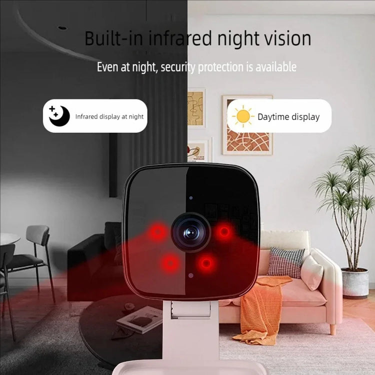 Compact black indoor security camera with visible infrared night vision, modern living room background