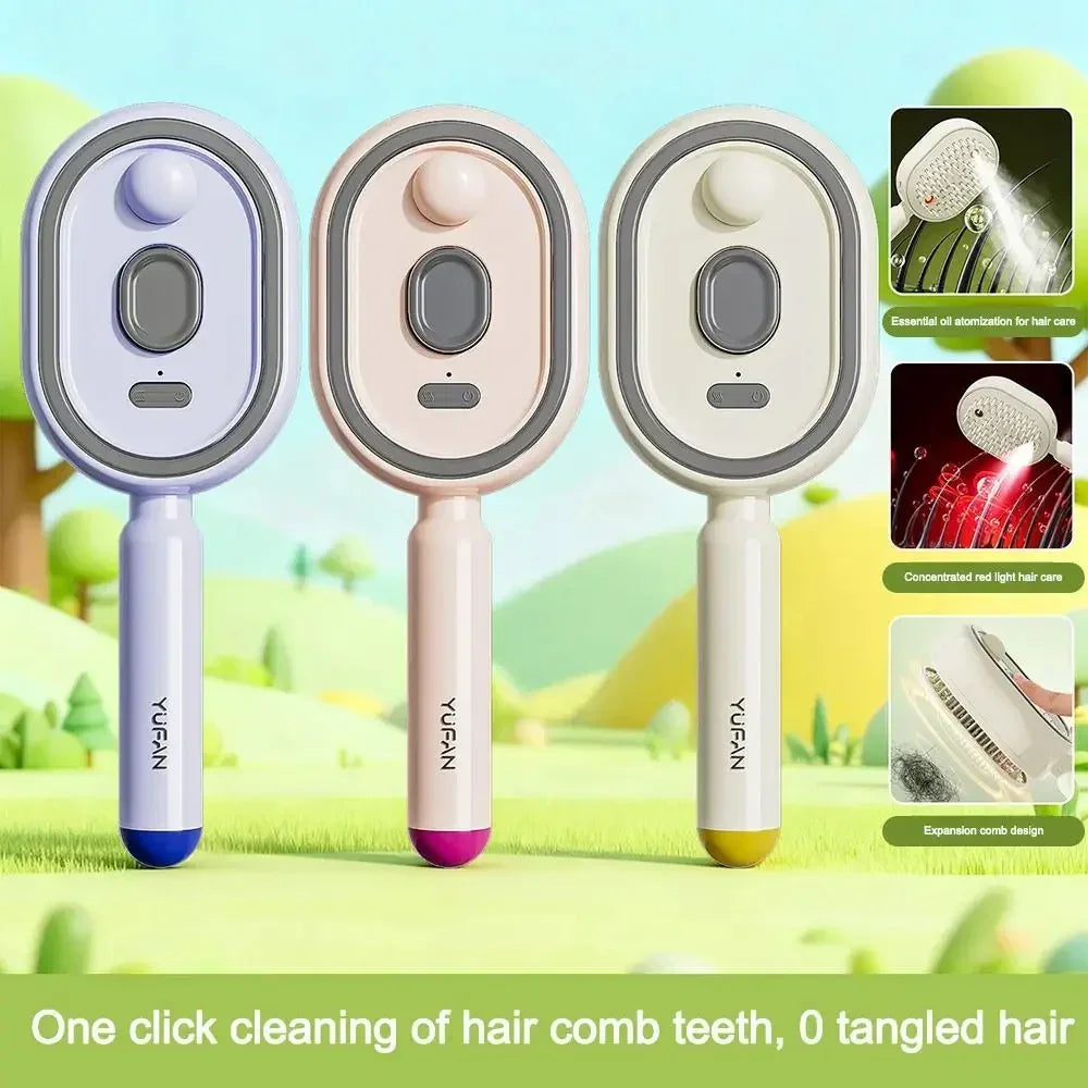 Three pastel-colored self-cleaning hair brushes with ergonomic handles, plastic material, and oval design, displayed upright outdoors.
