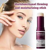 Woman with flawless skin using a beige moisturizing stick with a burgundy tube for firming.