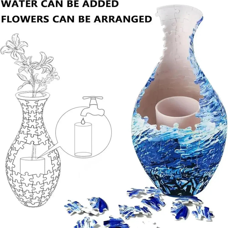 Blue and white jigsaw puzzle vase with water container, suitable for flower arrangement.