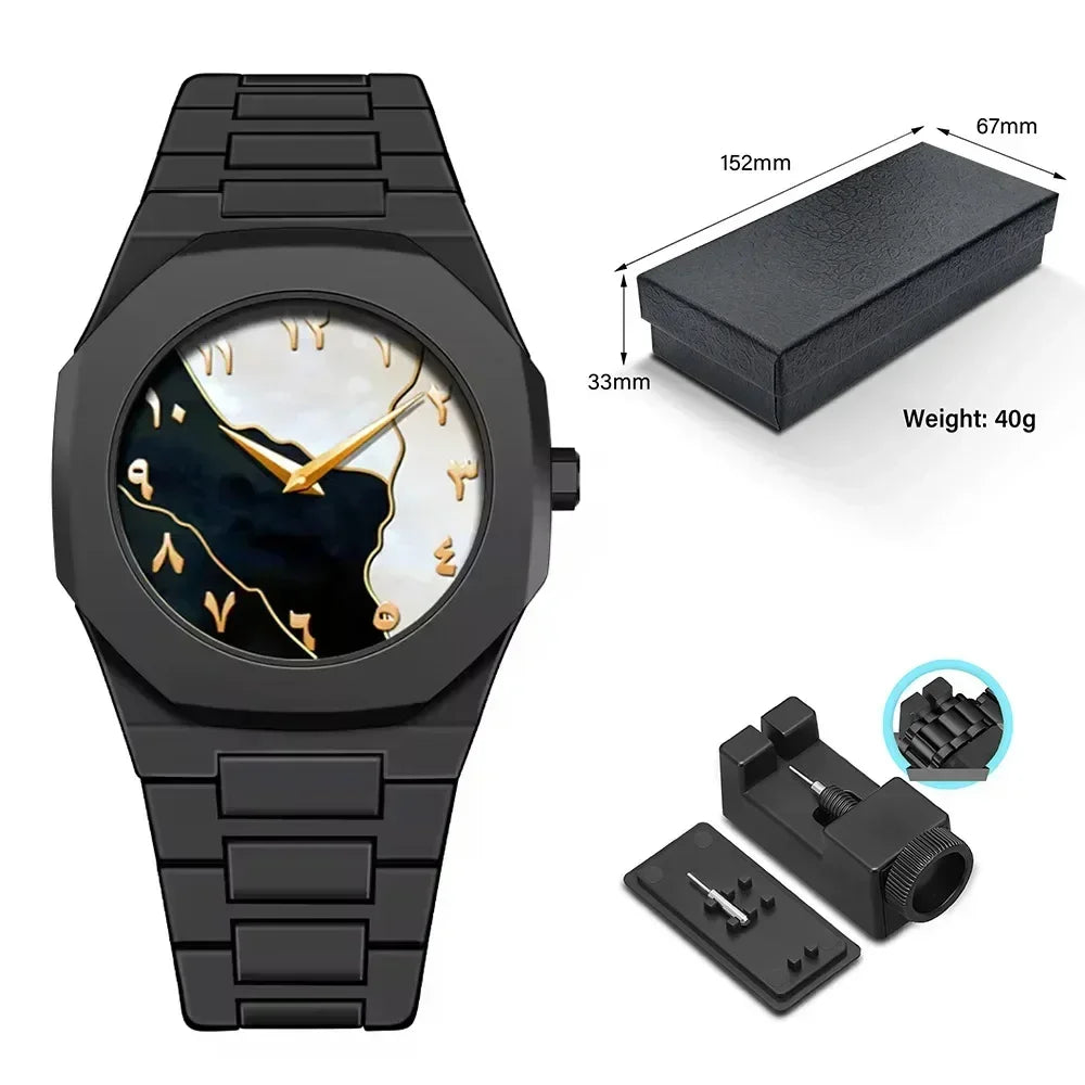 Black metal wristwatch with abstract dial, gold Arabic numerals, and removable link tool included.