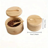 Round bamboo spice box set with lids and spoon, natural wood kitchen storage, 9x7cm size