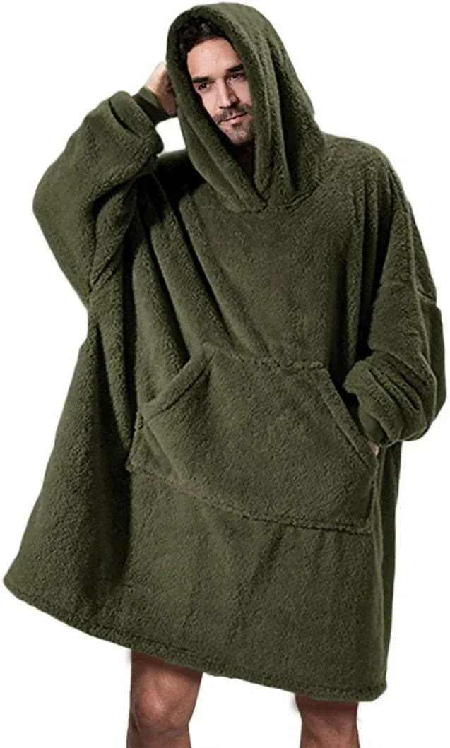 Man wearing oversized olive green fleece hoodie with front pocket and relaxed fit