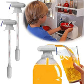 Automatic drink dispenser pump for large bottles, shown pouring juice and used by a child at refrigerator.
