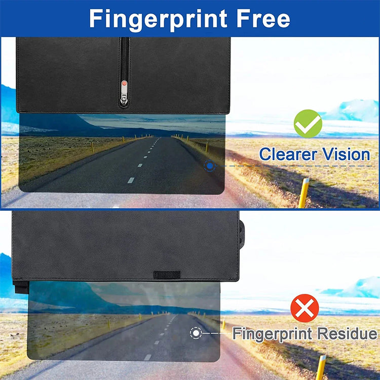Comparison of two black synthetic material visors showing fingerprint-free clear vision versus fingerprint residue, demonstrating visor&