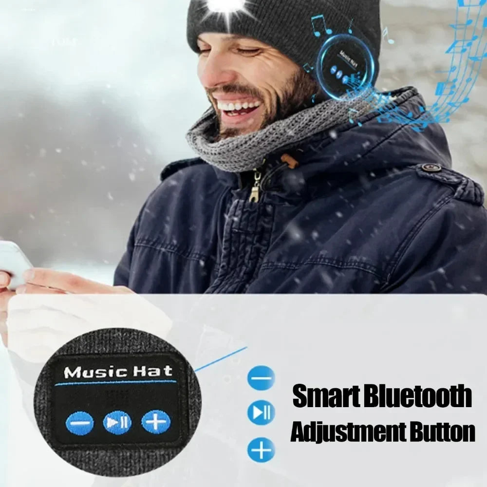 Man in winter jacket and knit beanie with built-in Bluetooth headphones, gray scarf, snow background