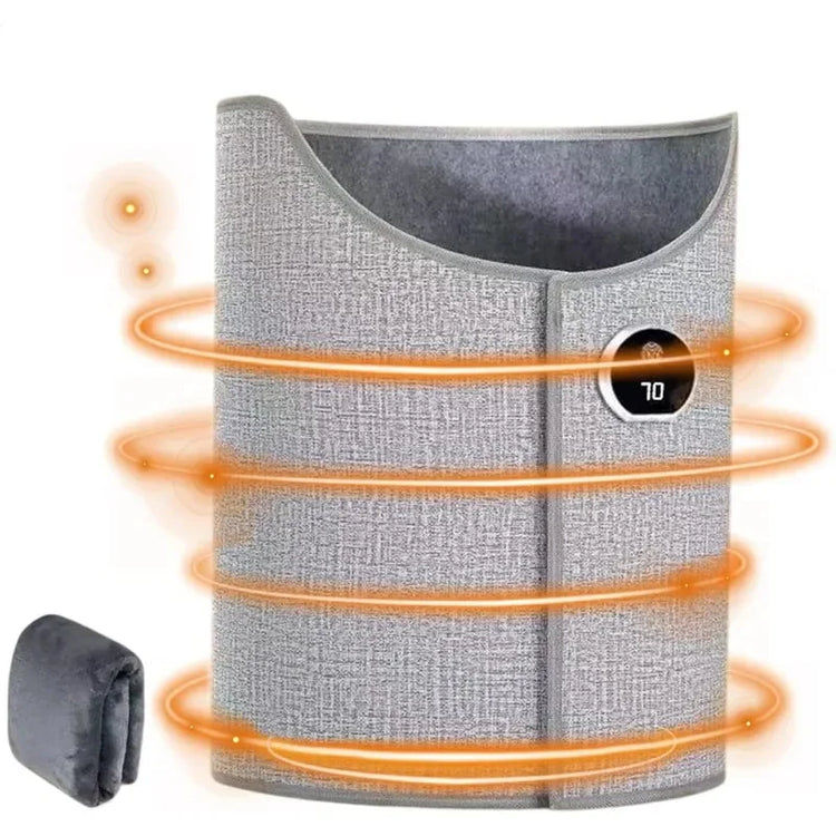 Gray heated waist belt with digital display, textured fabric, adjustable fit, modern design