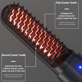 Close-up of a heated hair straightening brush with black flat and round comb teeth, glowing red, against a gray background.