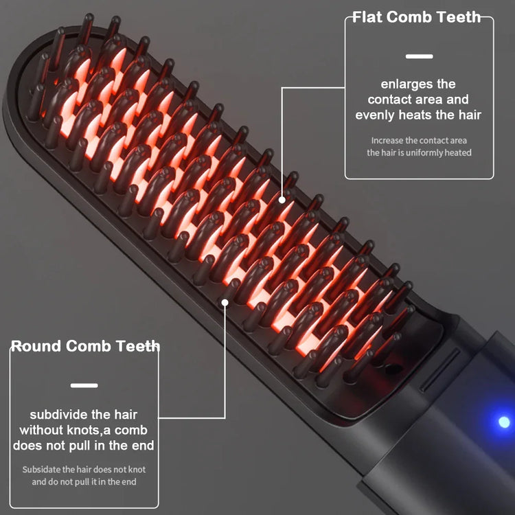 Close-up of a heated hair straightening brush with black flat and round comb teeth, glowing red, against a gray background.