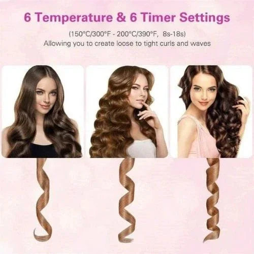 Three women with long, wavy and curly hairstyles, showcasing loose to tight curls using a hair styling tool.