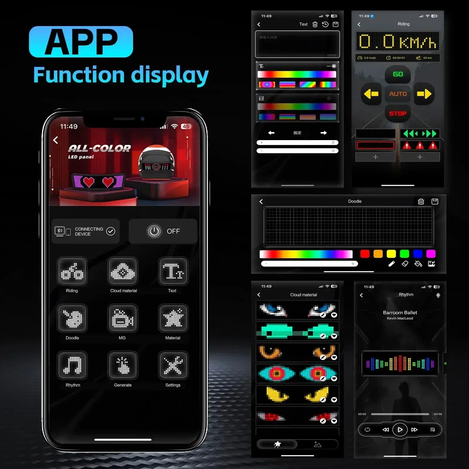 Mobile app interface showcasing LED panel customization features, color selection, and rhythm display.