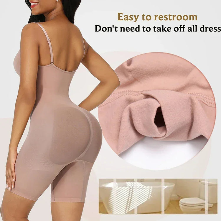 Seamless nude shapewear bodysuit with adjustable straps, stretchy fabric, and open crotch design.