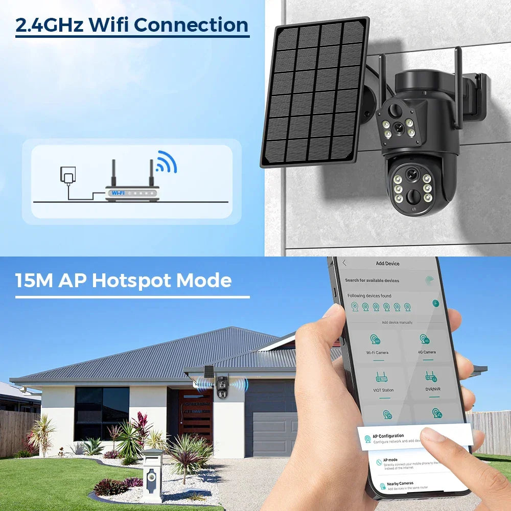 Solar-powered outdoor security camera with WiFi connection mounted on house exterior.
