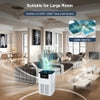 Modern home air purifier with digital display, white body, black top, emitting clean air in spacious living room, suitable for large rooms