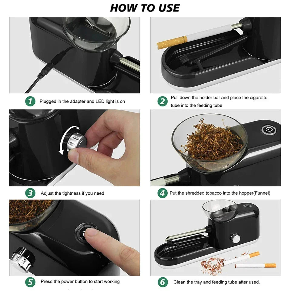 Step-by-step instructions for using an electric cigarette rolling machine with tobacco