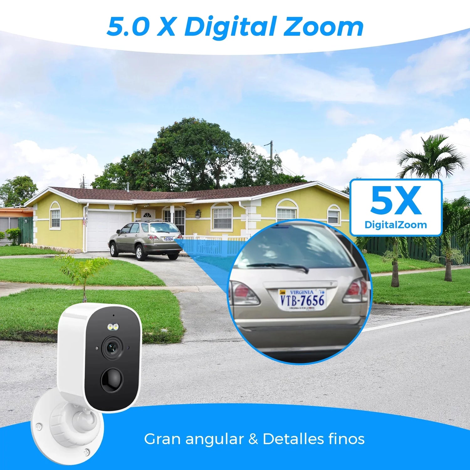 5x digital zoom security camera showing clear car license plate outside house