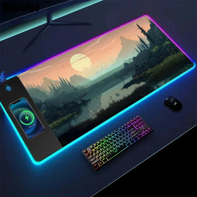 Large RGB LED gaming mouse pad with landscape design, wireless charging area, and colorful keyboard