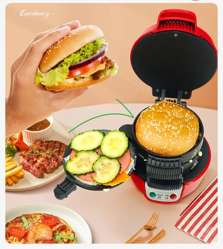 Homemade burger with lettuce, tomato, cheese in red sandwich maker on kitchen table