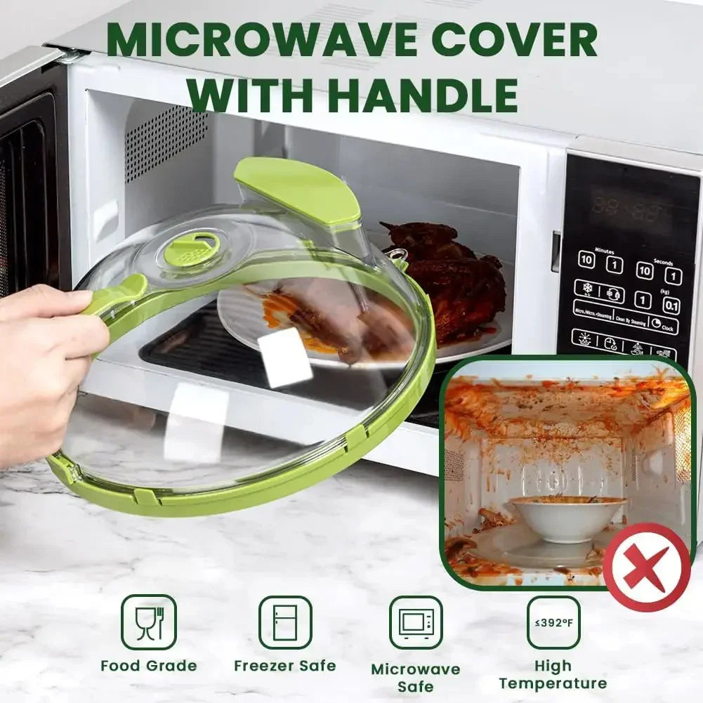 Clear plastic microwave cover with handle, green trim, food splatter protection, food grade, microwave safe