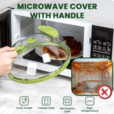 Clear plastic microwave cover with handle, green trim, food splatter protection, food grade, microwave safe