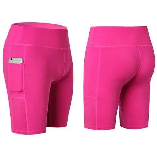 Bright pink high-waisted biker shorts with pocket, stretchy fitted material, front and back view
