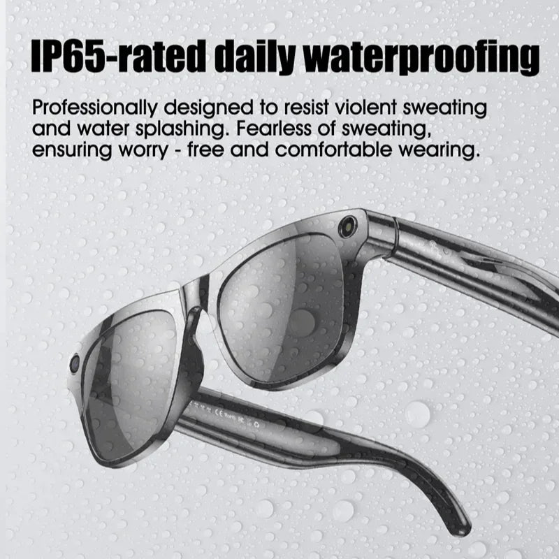 Futuristic black waterproof sunglasses with thick frames and reflective lenses, IP65 rated.