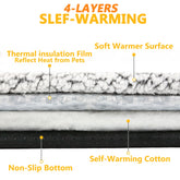 Four-layer self-warming pet blanket with soft textured top, insulating film, cotton layer, and non-slip bottom