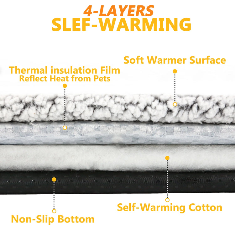 Four-layer self-warming pet blanket with soft textured top, insulating film, cotton layer, and non-slip bottom