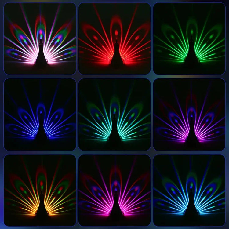 Peacock lamp with multicolor LED light projections in various vibrant patterns and shades.