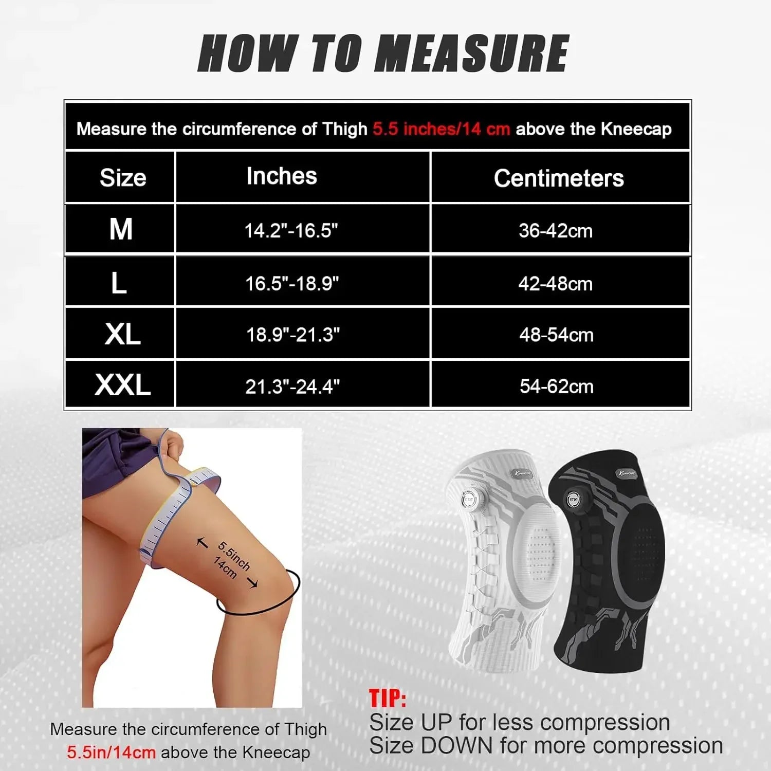 How to measure thigh for knee sleeve fit, with sizing chart and compression tip, featuring two knee sleeves.