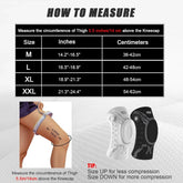 How to measure thigh for knee sleeve fit, with sizing chart and compression tip, featuring two knee sleeves.