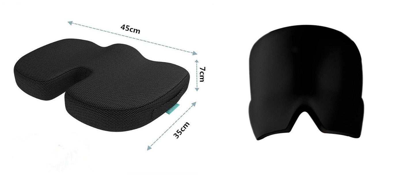 Black ergonomic memory foam seat cushion, contoured shape, mesh cover, 45x35x7cm.